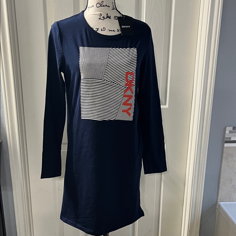 DKNY Navy Graphic Long Sleeve Dress